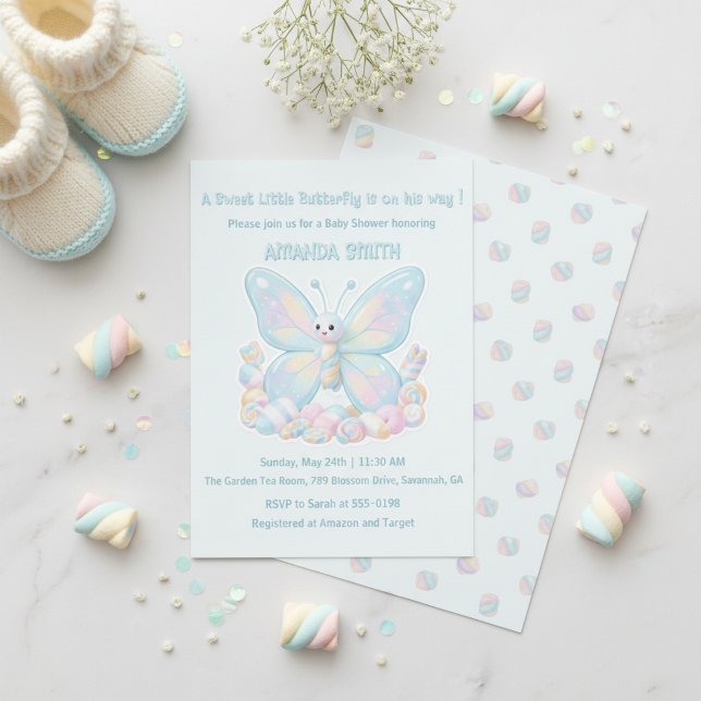 Invitación Chico de Algodón de Azúcar Azul Cumpleaños Baby Sh (Blue Strawberry Butterfly Girl Baby Shower Invitation)