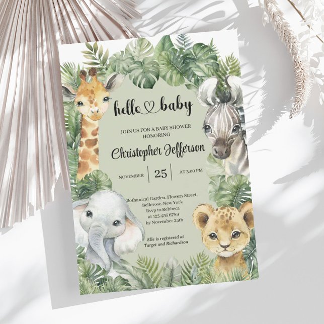 Invitación Chico de animales salvajes de la jungla tropical B (Tropical Jungle Safari Animals Boy Baby Shower Invitation)