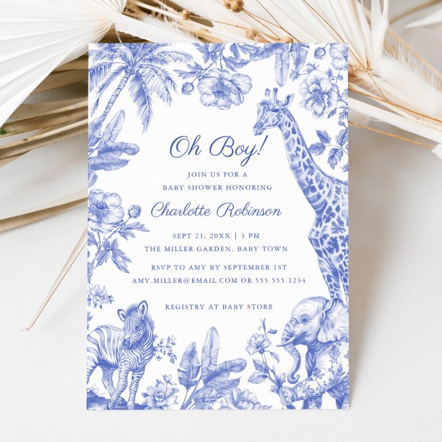 Invitación Chico de animales salvajes de la jungla tropical B (Tropical Jungle Safari Animals Boy Baby Shower Invitation)