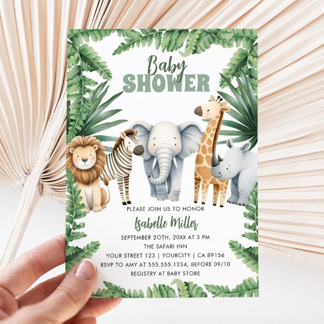 Invitación Chico de animales salvajes de la jungla tropical B (Tropical Jungle Safari Animals Boy Baby Shower Invitation)