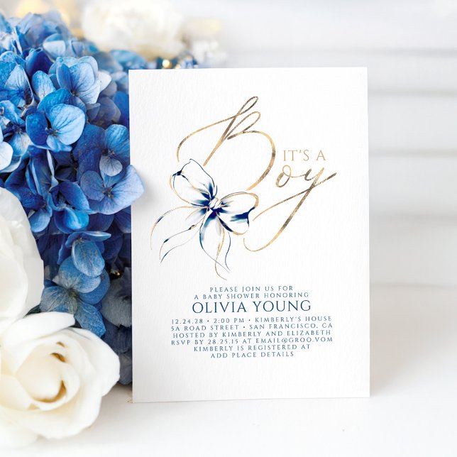 Invitación Chico de Arco Naval y Dorado: Baby Shower (Navy Blue And Gold Bow It's A Boy Baby Shower Invitation)
