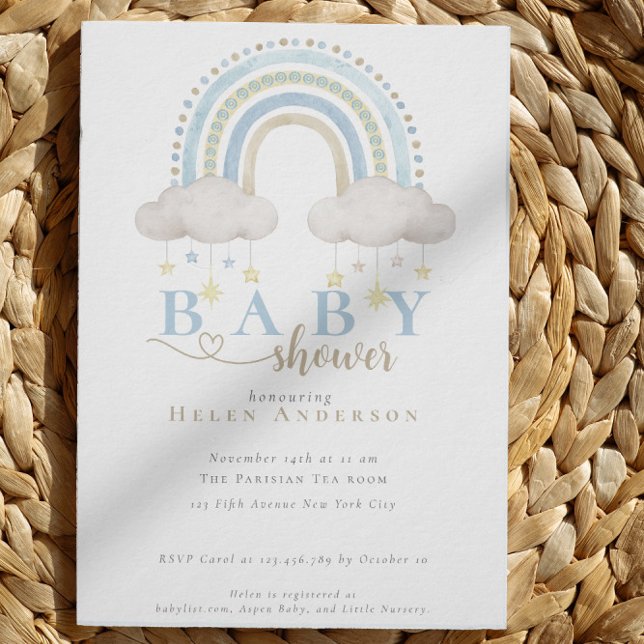 Invitación Chico de Arcoíris Acuarela Boho Azul Baby Shower (Blue Boho Watercolor Rainbow Boy Baby Shower Invitation)
