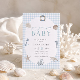 Invitación Chico de Baby Shower a Cuadros Azules Sea You Soon