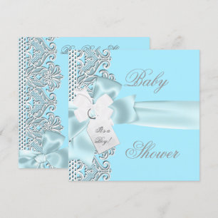 Invitación Chico de Baby Shower Azul Teal Gris Blanco Encaje