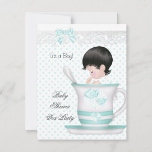 Invitación Chico de Baby Shower Azul Turquesa en Taza de Té