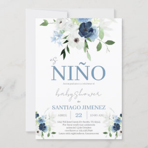 Invitación Chico de Baby Shower Español Floral Azul