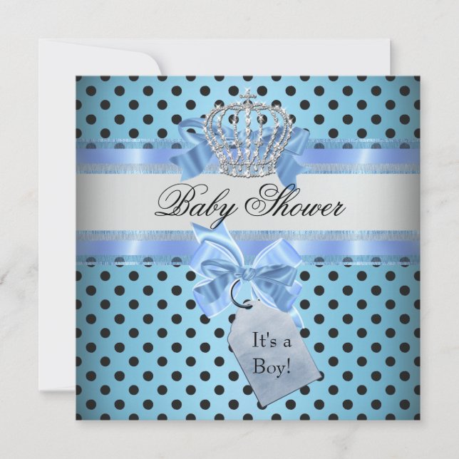 Invitación Chico de Baby Shower Polka Dot Blue Prince Crown B (Anverso)
