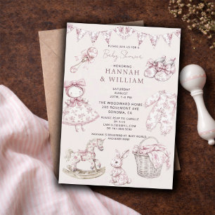 Invitación Chico de bebé de guardería Toile Vintage Rosa Clar