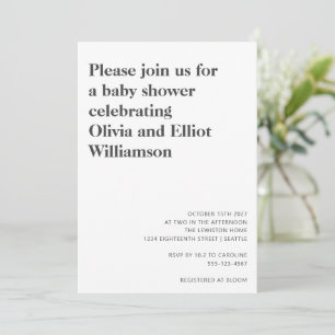 Invitación Chico de Bebé Simple Blanco Negro Moderno Minimali