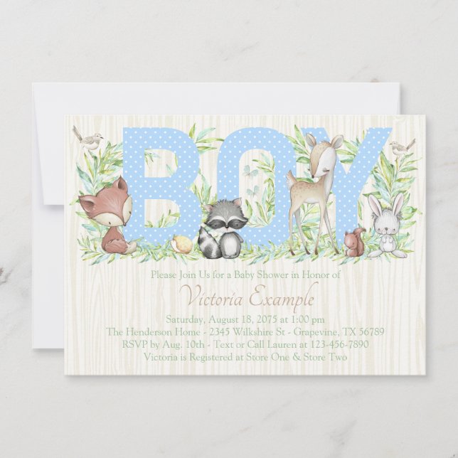 Invitación Chico de bosque bebé animal Baby Shower (Anverso)