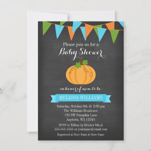 Invitación Chico de calabaza en pizarra Bunting Baby Shower d (Anverso)