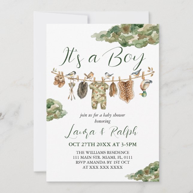 Invitación Chico de caza Baby Shower  (Anverso)