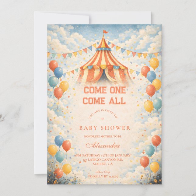 Invitación Chico de Circo Ven a Todos Fiesta de Bebé (Anverso)