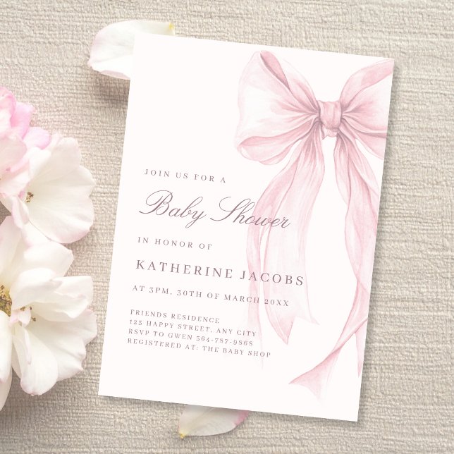 Invitación Chico de Coqueta Elegante Fiesta de Bebé (Pink Coquette Bow Baby Shower Invitation)