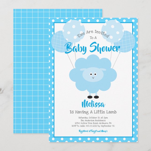 Invitación Chico de cordero turquesa Baby Shower Cute Kawaii  (Anverso / Reverso)
