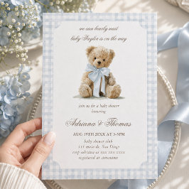 Invitación Chico de cuadros azules Baby Shower de osito