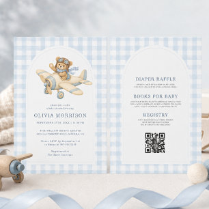 Invitación Chico de cuadros oso avión Todo en uno Baby Shower