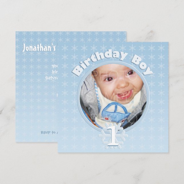 Invitación Chico de cumpleaños invierno Onederland azul foto  (Anverso / Reverso)