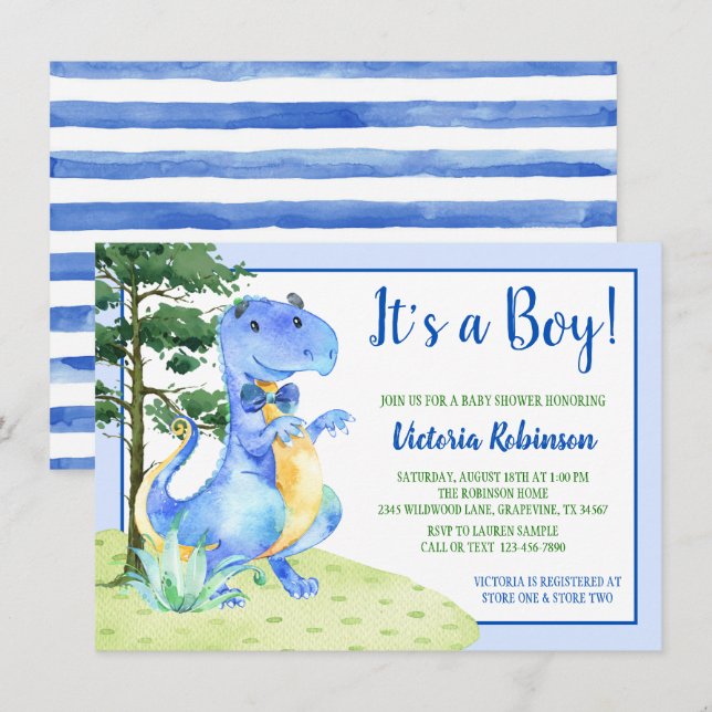 Invitación Chico de dinosaurio baby shower (Anverso / Reverso)
