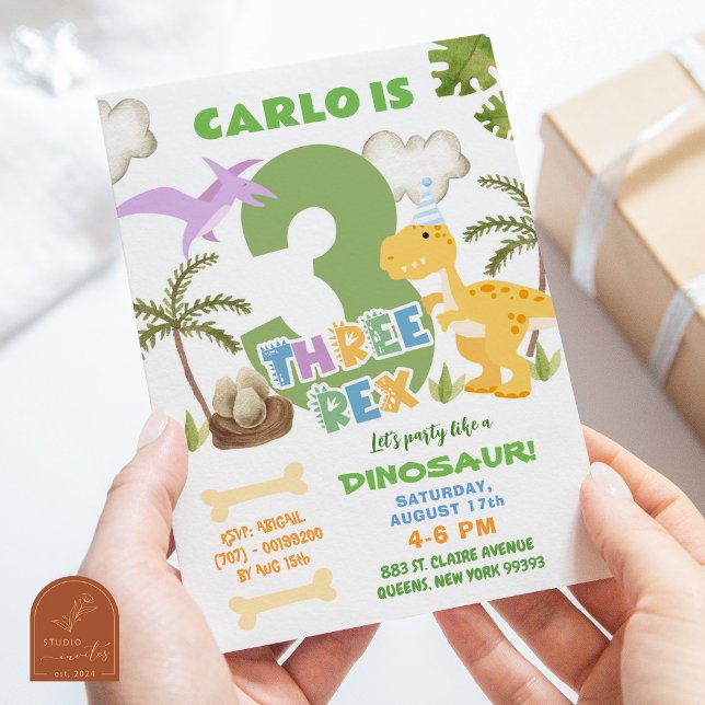 Invitación Chico de dinosaurio pastel tres Rex cumpleaños (Subido por el creador)