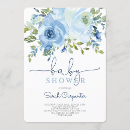 Invitación Chico de ducha de bebé, acuarela azul niño floral
