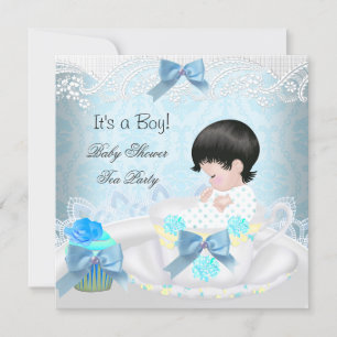 Invitación Chico de ducha de bebé Azul Bebé Taza de té Cupcak
