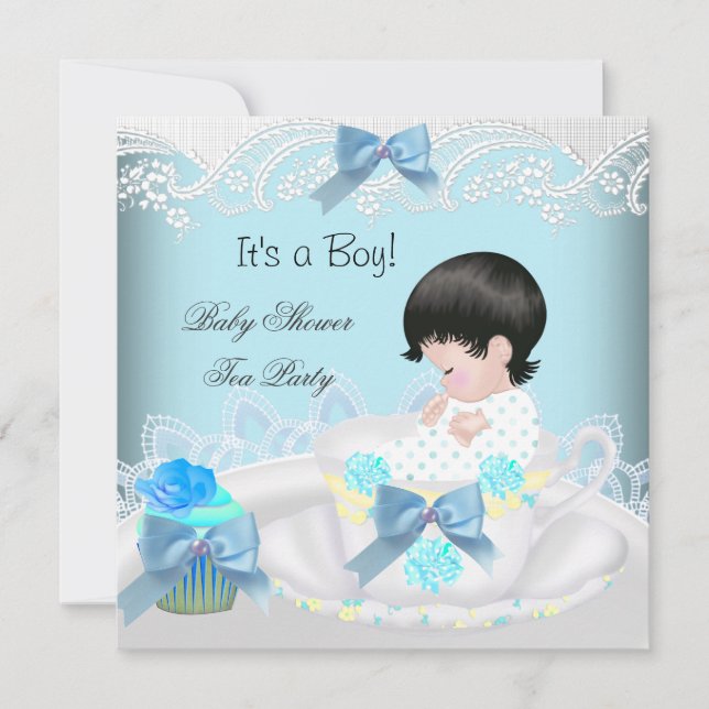 Invitación Chico de ducha de bebé Azul Bebé Taza de té Cupcak (Anverso)
