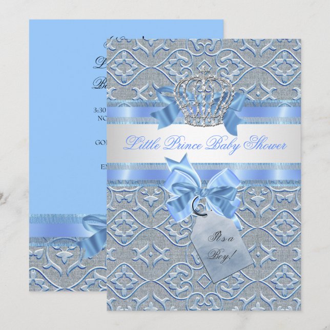 Invitación Chico de ducha de bebé azul pequeño príncipe coron (Anverso / Reverso)