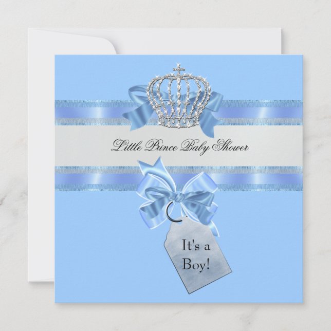 Invitación Chico de ducha de bebé azul pequeño príncipe coron (Anverso)