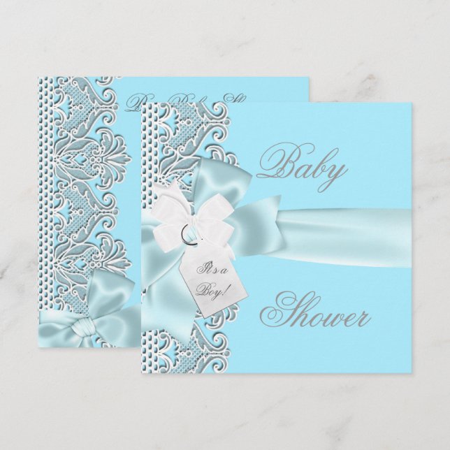 Invitación Chico de ducha de bebé azul teal gris blanco encaj (Anverso / Reverso)