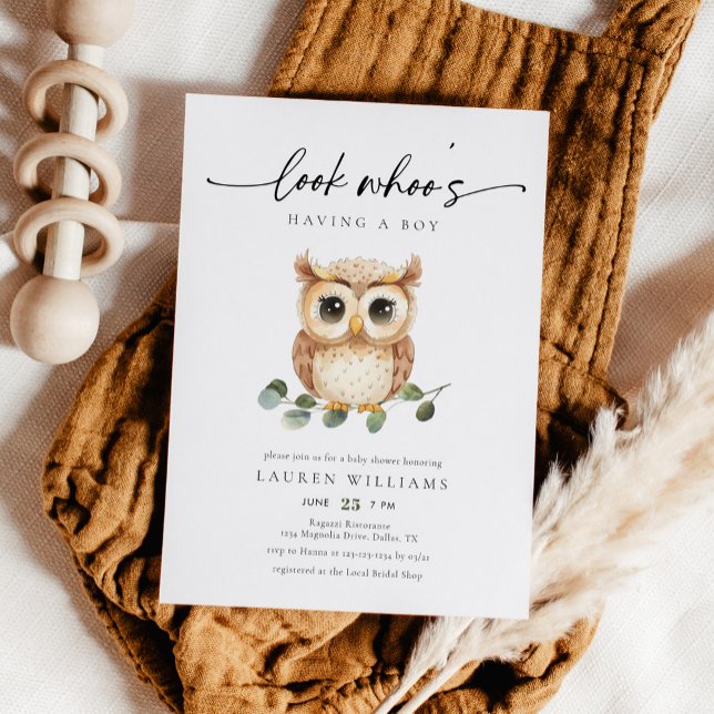 Invitación Chico de ducha de bebé búho de acuarela linda (Subido por el creador)