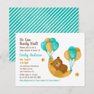 Invitación Chico de ducha de bebé con oso durmiendo en la lun