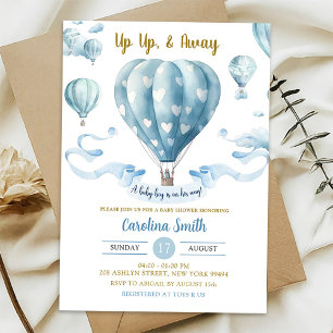 Invitación Chico de ducha de bebé de globo aerostático azul V