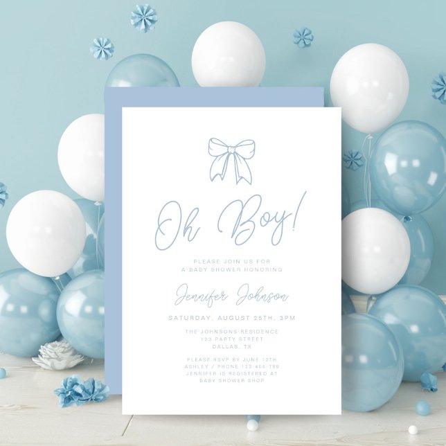 Invitación Chico de ducha de bebé de lazo coqueta azul modern (Cute Blue Coquette Bow Boy Baby Shower Invitation)
