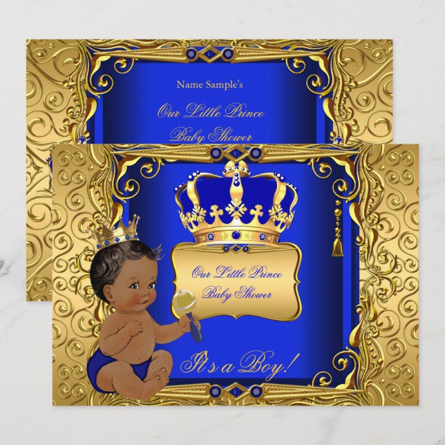 Invitación Chico de ducha de bebé étnico azul real oro (Anverso / Reverso)