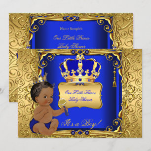 Invitación Chico de ducha de bebé étnico azul real oro