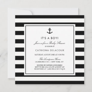 Invitación Chico de fiesta de bebé náutico en blanco y negro