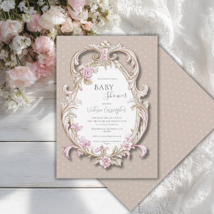 Invitación Chico de flores rosadas elegante marco dorado Baby