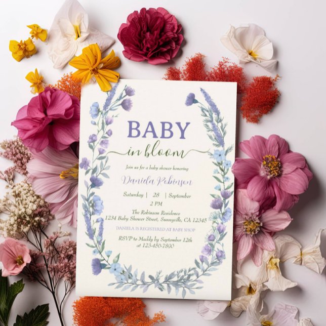 Invitación Chico de flores silvestres azules Baby In Bloom Ba (Subido por el creador)