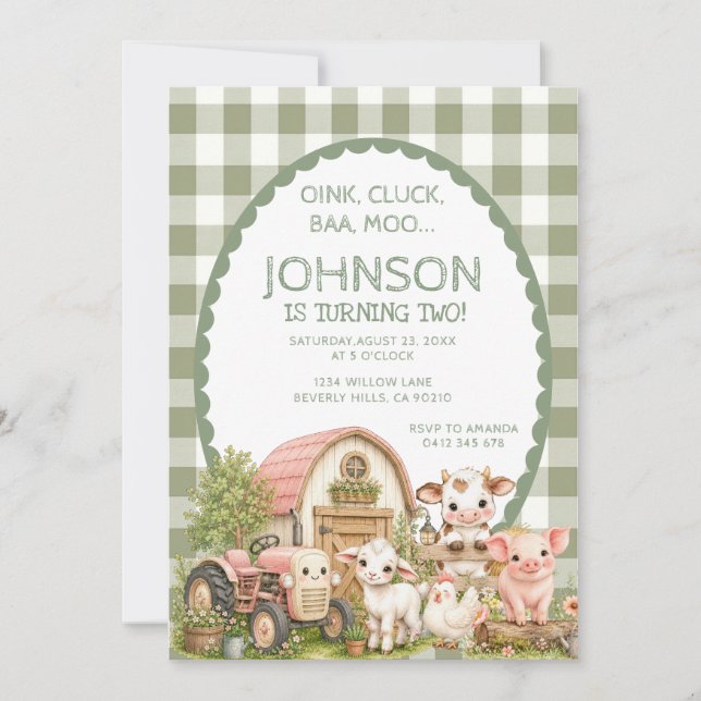 Invitación Chico de Gingham Verde Fiesta de Granja Animal (Anverso)