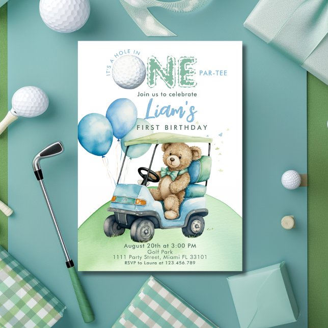 Invitación Chico de Golf Hole In One Cumpleaños Par-Tee Oso (Hole in One Golf First Birthday Par- tee Invitation)