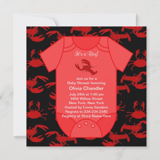 Invitación Chico de langosta roja negra ducha de bebé (Anverso)