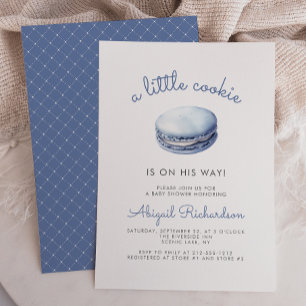 Invitación Chico de Macaroon de Galleta Pequeña Azul Baby Sho