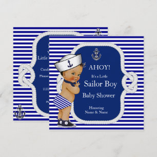 Invitación Chico de marinero de baby shower azul raya morena