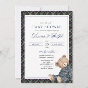 Invitación Chico de osito de felpa a cuadros Ralph Navy Prepp