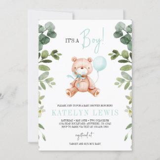 Invitación Chico de osito de peluche Baby Shower verde