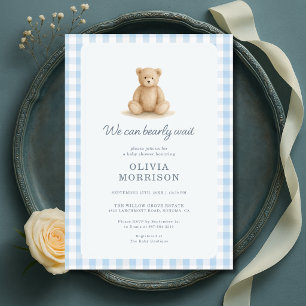 Invitación Chico de oso de peluche azul a cuadros Baby Shower