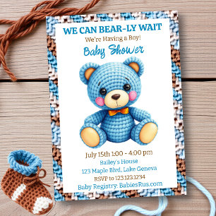 Invitación Chico de oso de peluche azul ganchillo baby shower