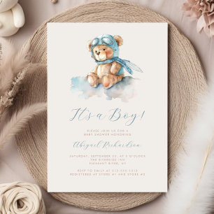 Invitación Chico de oso de peluche de acuarela azul Baby Show