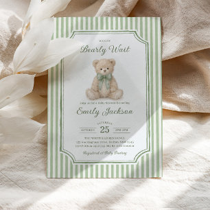 Invitación Chico de oso de peluche de raya verde Baby Shower